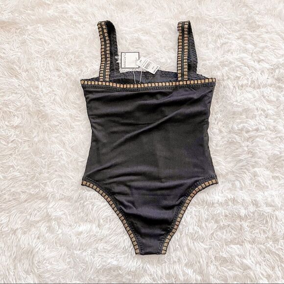 Platinum Swimwear Black Square Neck One Piece Swimsuit with Gold Trim SZ S BNWT - Picture 3 of 14